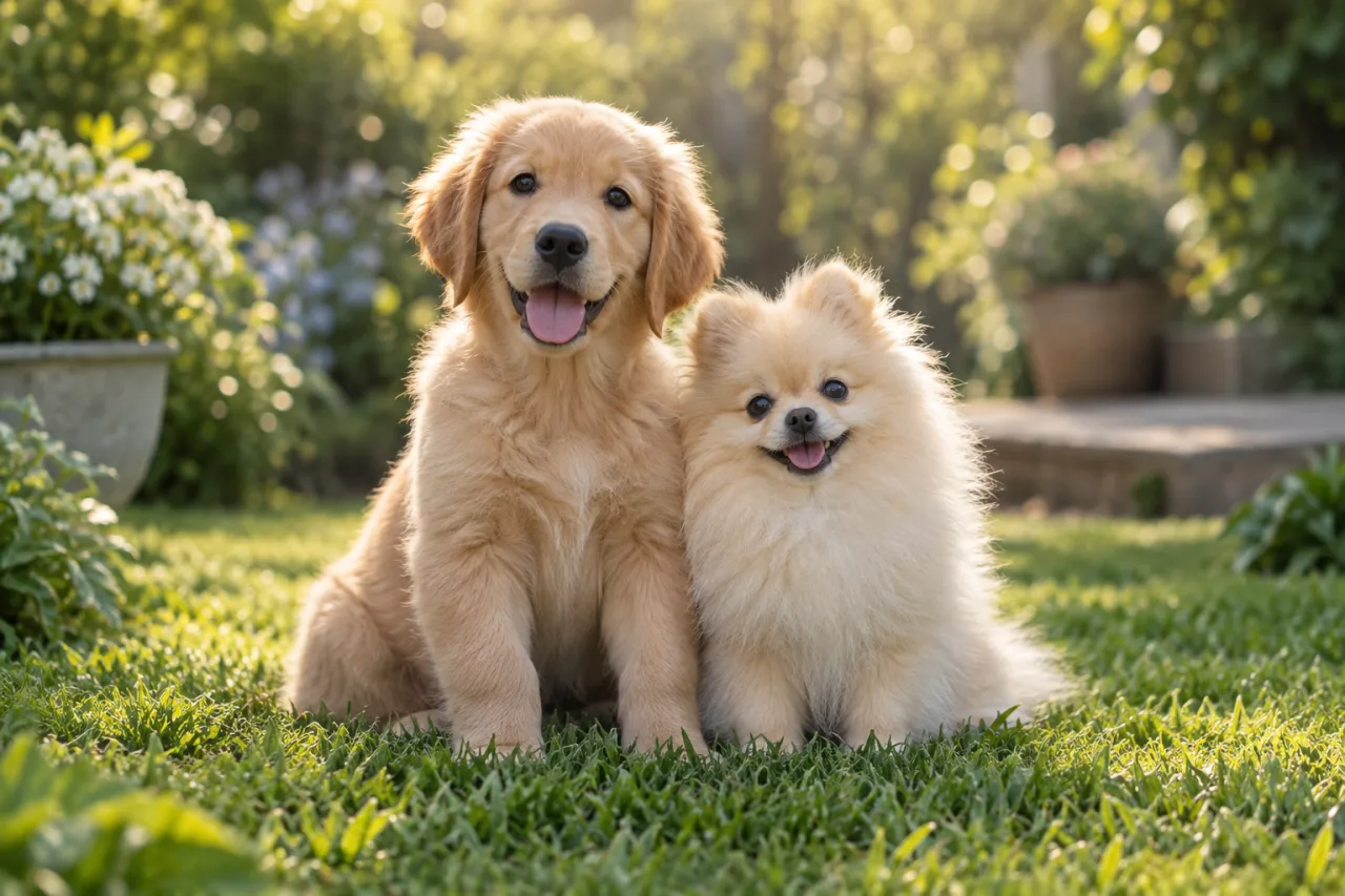 Illustrative image of a Golden Retriever and a Pomeranian sitting together in a garden