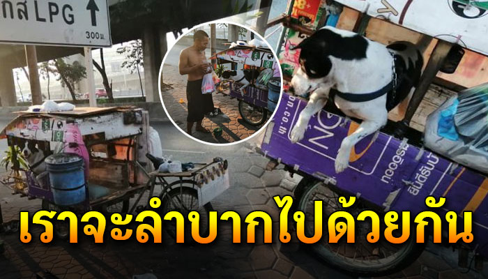ลุงไร้บ้านเดินลากรถเข็นคันเก่า ไม่วายมีคนเอาลูกหมาใส่ลังมาให้เลี้ยงขนาดตัวลำพัง