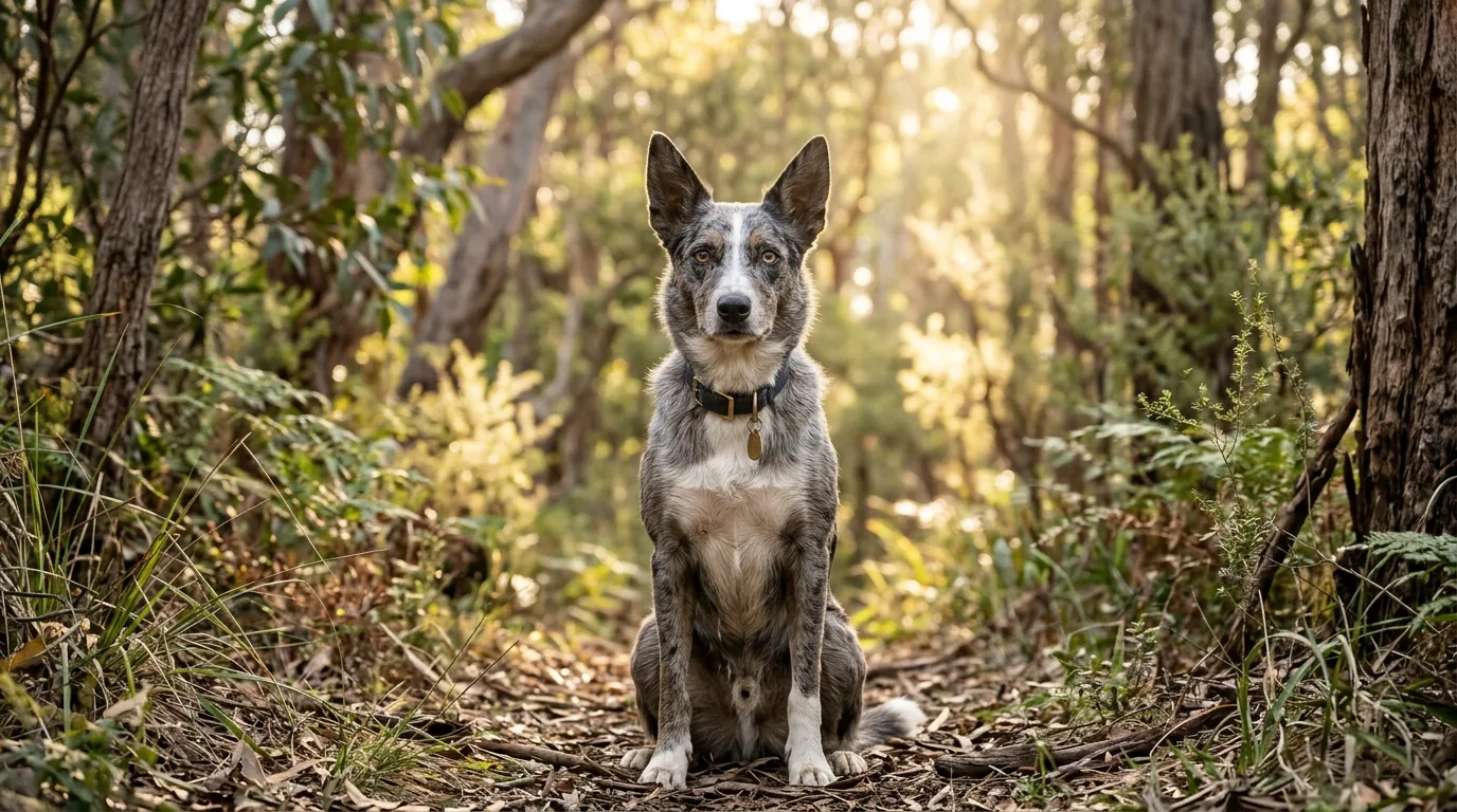 ภาพถ่ายสุนัขสายพันธุ์ออสเตรเลียน คูลี (Australian Koolie) สีบลูเมิร์ล ขนลายด่างเทาขาว ตาสองสี นั่งอย่างสง่าและเป็นมิตรท่ามกลางป่ายูคาลิปตัสที่มีแสงแดดอบอุ่นในออสเตรเลีย สื่อถึงสุนัขตรวจจับเพื่อการอนุรักษ์ธรรมชาติและการปกป้องสัตว์ป่า