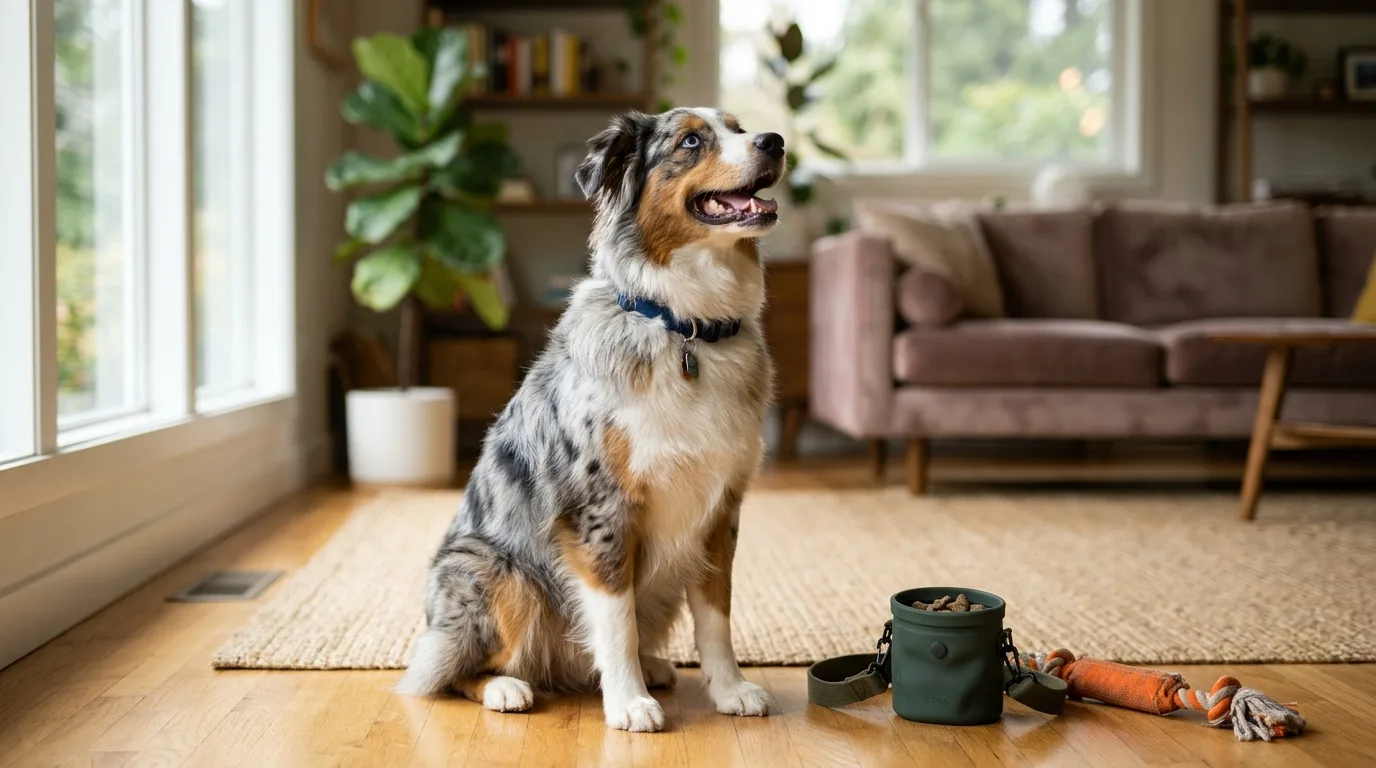 ภาพถ่ายพอร์ตเทรตสุนัขสายพันธุ์ออสเตรเลียน เชพเพิร์ด (Australian Shepherd) ขนหนานุ่มหลากสี นั่งอย่างสงบและมีสมาธิ สบตากับเจ้าของอย่างกระตือรือร้นและเชื่อฟังในห้องนั่งเล่นที่อบอุ่น ข้างๆ มีของเล่นฝึกทักษะและถุงใส่ขนมรางวัลสำหรับการฝึกพฤติกรรมเชิงบวก
