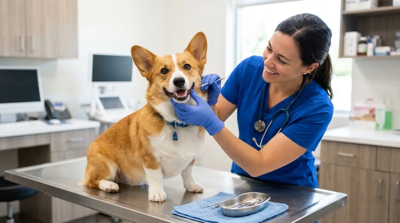 ภาพถ่ายพอร์ตเทรตสุนัขสายพันธุ์คอร์กี้ (Pembroke Welsh Corgi) บนโต๊ะตรวจในคลินิกสัตวแพทย์ที่สะอาดทันสมัย โดยมีสัตวแพทย์กำลังตรวจสุขภาพฟันขาวสะอาดและเหงือกสีชมพูอย่างอ่อนโยน